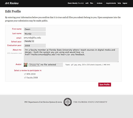 Florida State Art Review website and student application grading system
