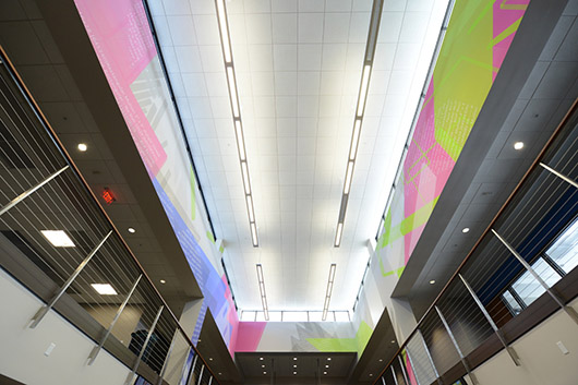 Packet Switching (Weimer Hall), University of Florida, inkjet on polyester on panel, 177.5 ft. x 20.21 ft., 2012; Photograph by Steve Johnson / UF College of Journalism and Communications (2012) (photograph by Steve Johnson / UF College of Journalism and Communications)
