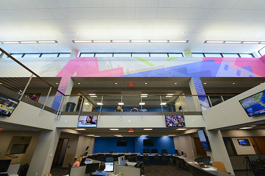 Packet Switching (Weimer Hall), University of Florida, inkjet on polyester on panel, 177.5 ft. x 20.21 ft., 2012; Photograph by Steve Johnson / UF College of Journalism and Communications (2012) (photograph by Steve Johnson / UF College of Journalism and Communications) thumbnail-34