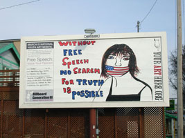 Billboard Generation III, 2005; The third Youth Art billboard competition took place in Bloomington and Indianapolis, resulting in a total of nine billboards. Eight different artworks made by students in grades k-12 responded to the question "Free Speech: Voice Your Opinion!" Search for Truth, 6th St, Two Blocks West of College Ave., Bloomington, IN, by Amber, Harmony School; Photo by Stephanie Stanley thumbnail-2